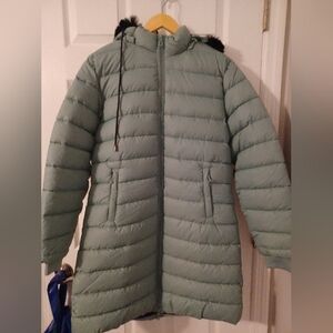 Women's Light Green Puffer Jacket with Removable Hood X Long
